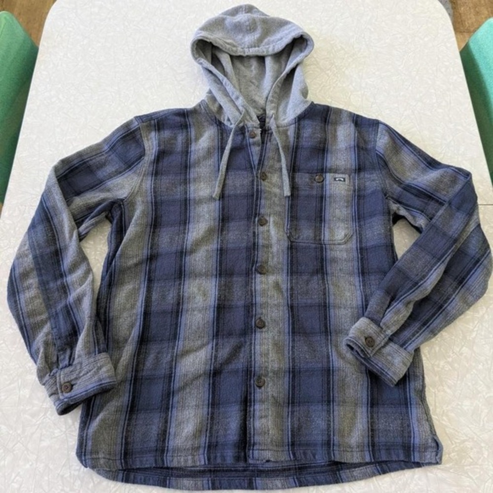 Y2K Billabong Button Up Long Sleeve Flannel Hoodie‎ Shirt Men's Medium Gray/Blue